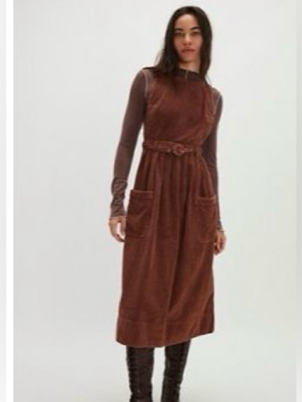 Free People Rust Brown Corduroy Belted Midi Pinafore Dress- NWOT